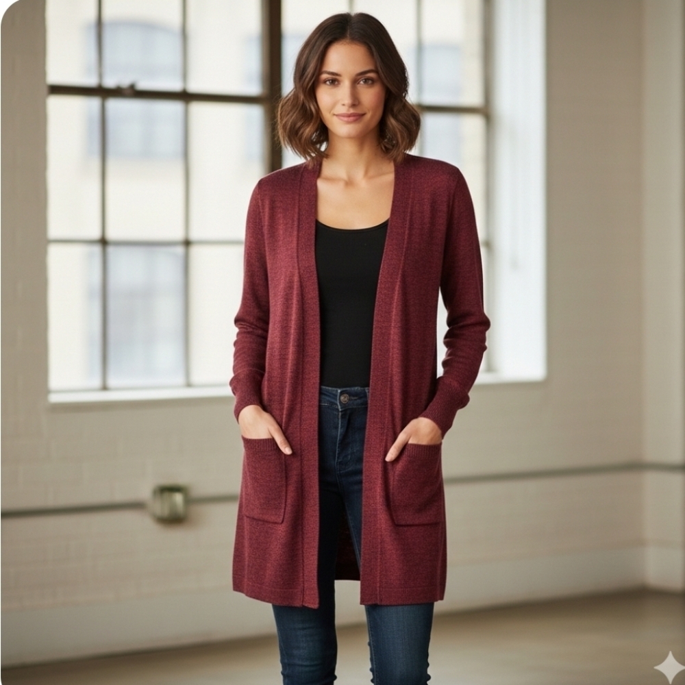 Denim&Co Cardigan Long Sleeve Open Front Womens Size Large Petite Red